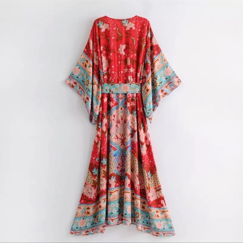 Bohemian Red Floral Gypsy Kimono Long Maxi Dress - Picture 2 of 16